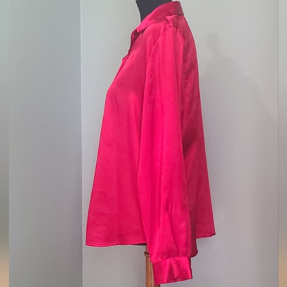 Christmas Red Satin Like Button Down Blouse - Picture 3 of 8